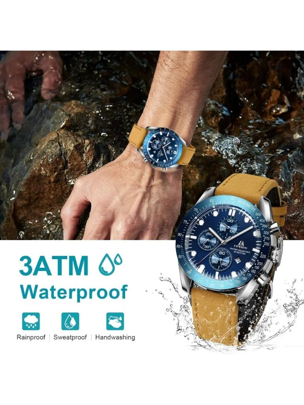 Men's Brown Blue Analog Quartz Leather Waterproof Luminous Luxury Casual Watch